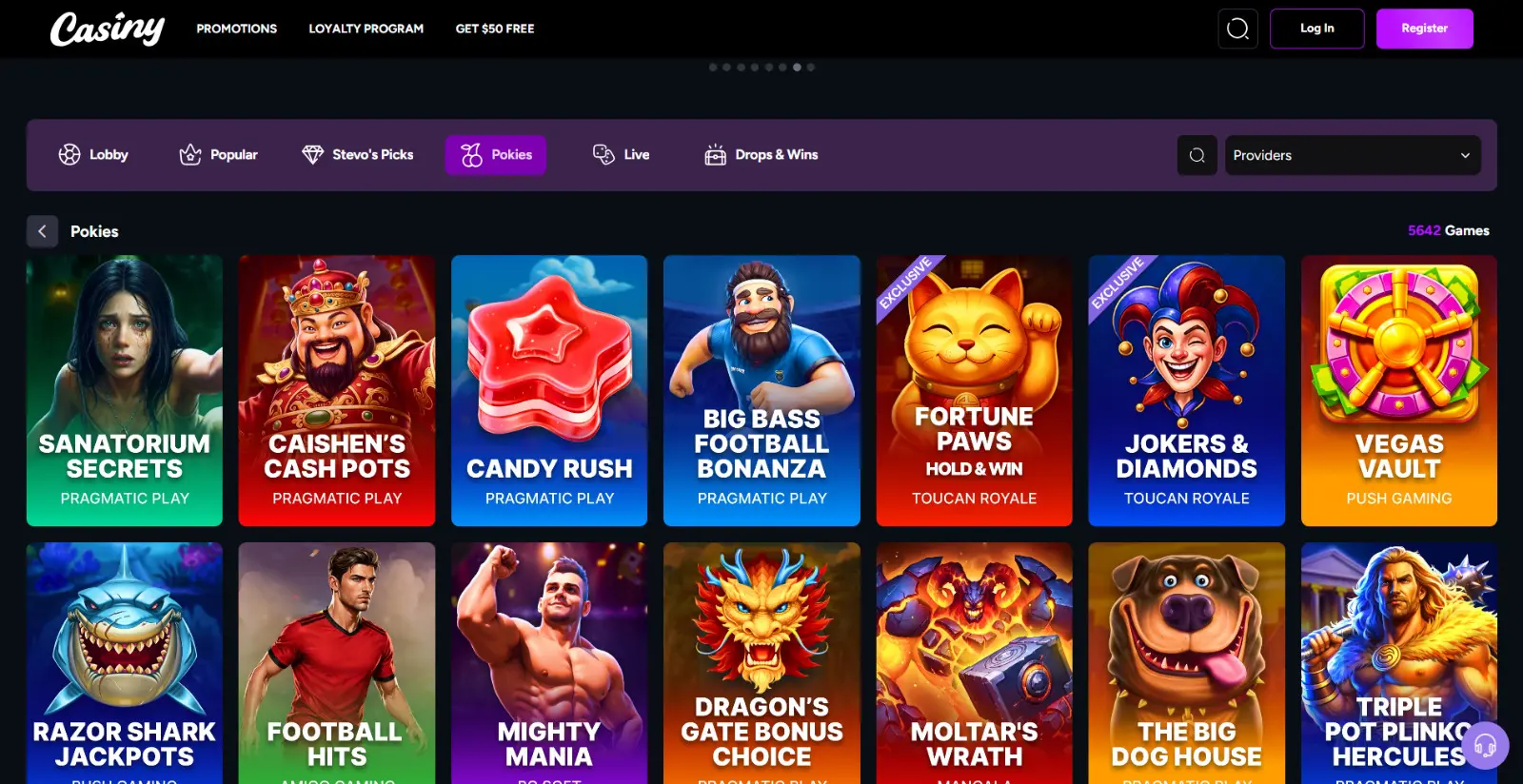 Screenshot of Casiny pokies lobby showing slot game tiles and categories
